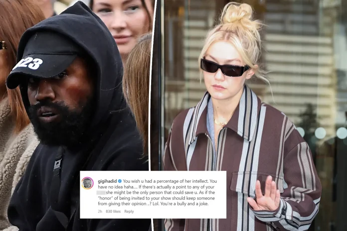 Kanye West calls supermodel Gigi Hadid 'privileged Karen' and 'zombie' after she attacked him while defending Gabriella Karefa-Johnson over “White Lives Matter” T-shirt.