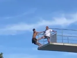 TERRIFYING Moment Lifeguard Kicks Young Man Off A 10m High Dive Board