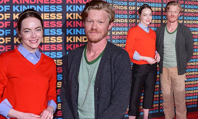 Emma Stone looks chic in a red jumper with co-star Jesse Plemons at the ...